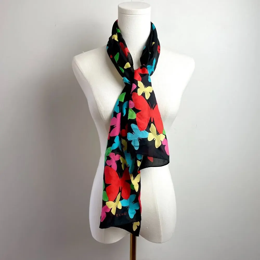 Vintage 90s Y2K Silk Scarf Rectangle Butterflies‎ Colorful Dopamine Maximalist